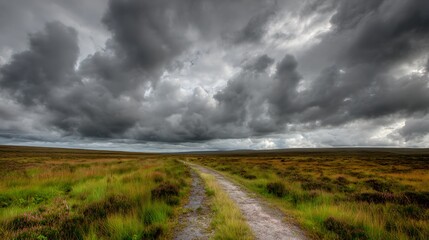 Fototapeta premium Winding dirt path through green field with dramatic stormy cloudy sky