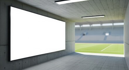 Fototapeta premium A large blank white billboard on a concrete wall in a tunnel leading to a sports stadium with green grass and seating.