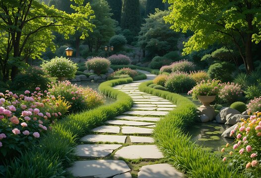 Garden stone path in lush flowering garden with hedges and blooms