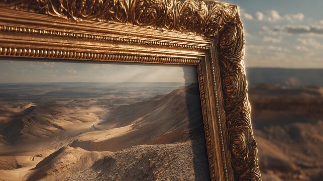 Ornate gold picture frame with intricate carvings showing landscape through window