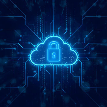Cloud Security Technology Background Featuring Glowing Lock Symbol, Secure Data Storage and Cybersecurity Network Connections
