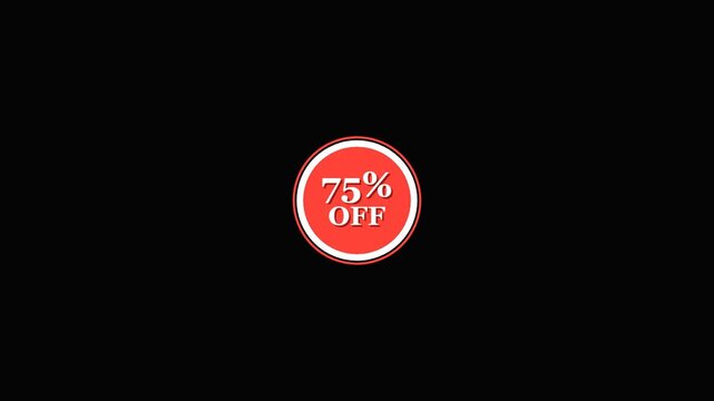 Animated 75 percent off discount circle badge on black background