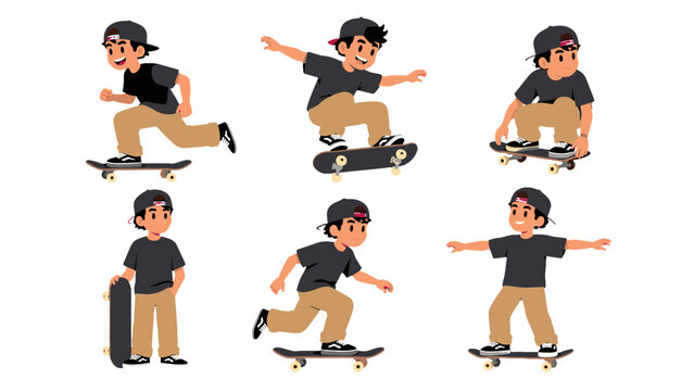Cartoon skateboard boy character set in six active poses