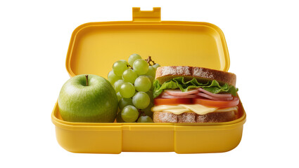 Yellow lunch box with sandwich green apple, and grapes © Paul