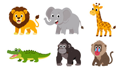 Fototapeta premium Cute cartoon wild animal set with lion elephant and giraffe