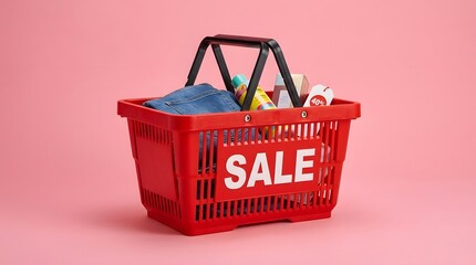 Fototapeta premium Red shopping basket with sale sign filled with products on pink background
