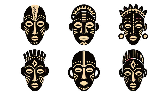 Set of six tribal mask silhouettes with ornamental details