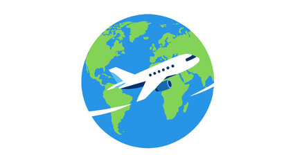 Obraz premium Airplane flying around globe in flat vector icon style