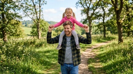 Fototapeta premium Father carrying daughter on shoulders in sunny green park.