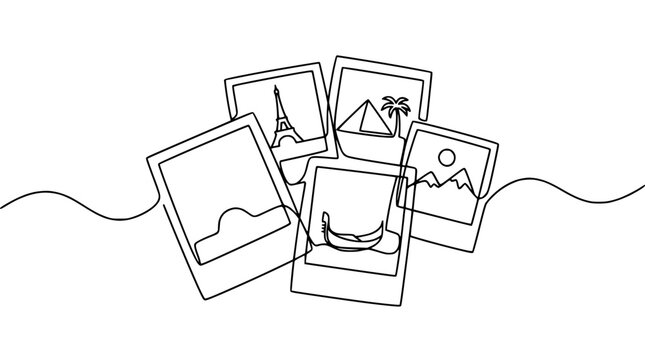 Continuous Line Drawing of Travel Photos Collage: Eiffel Tower, Pyramid, Gondola, Mountains, Palm Tree