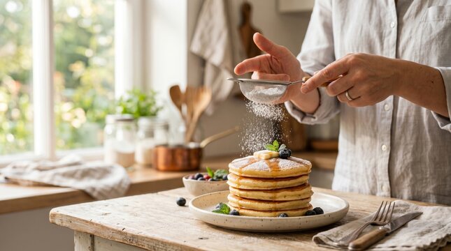A Caucasian woman sprinkles powdered sugar on a stack of fluffy pancakes, enhancing the breakfast experience in a cozy kitchen setting.