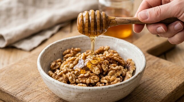 A close-up of a hand pouring honey over a bowl of walnuts, highlighting the rich textures and colors of the ingredients.