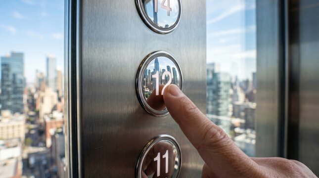 A close-up of a finger pressing the elevator button for the 12th floor, showcasing a city skyline in the button's reflection.