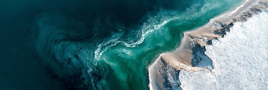 Top-down aerial scenery of swirling teal turquoise ocean currents colliding with snow rocky coastline, summer natural fluid marble landscape texture for wall canvas art