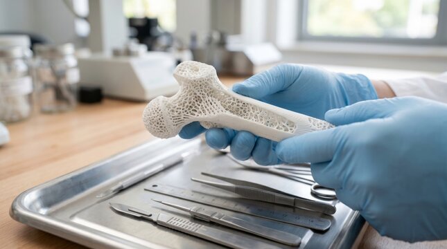 A researcher in blue gloves examines a 3D-printed bone model in a lab setting.