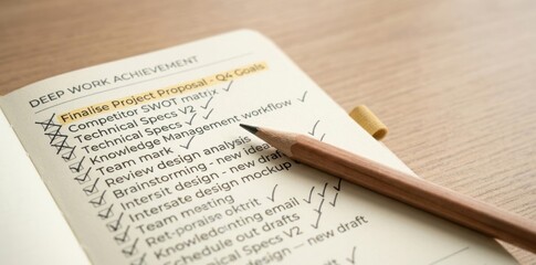Naklejka premium Wooden Pencil Lying on Achievement Checklist Notebook for Daily Project Task Tracking