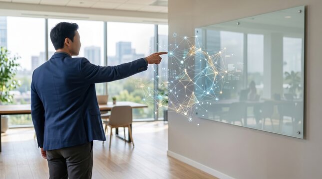 A South Asian businessman presents innovative ideas using a digital interface in a modern office environment.