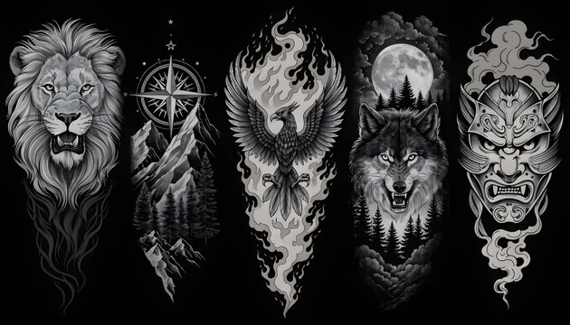 Tattoo Sheet: 5 Forearm Tattoo Designs (Black Ink, Masculine, Detailed, 8K)