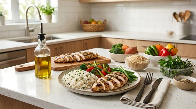 Grilled chicken breast with rice and fresh vegetables on a plate in a home kitchen. muscle gain diet