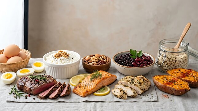 Healthy food spread with grilled salmon chicken eggs beans and nuts on a rustic table. muscle gain diet