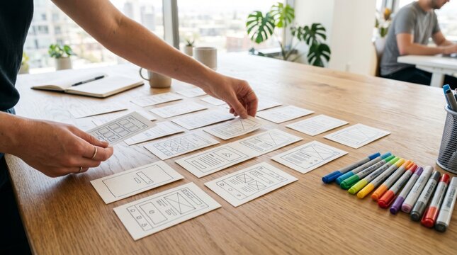 A focused female designer arranging wireframes on a wooden table, surrounded by colorful markers and a bright office environment.