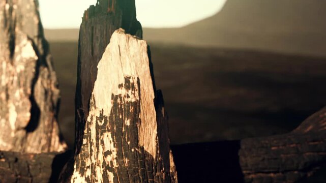 A piece of burned wood stands tall in a landscape that has seen fire. The sun shines on the charred surface, revealing details of the texture and color. The ground is dark and dry.