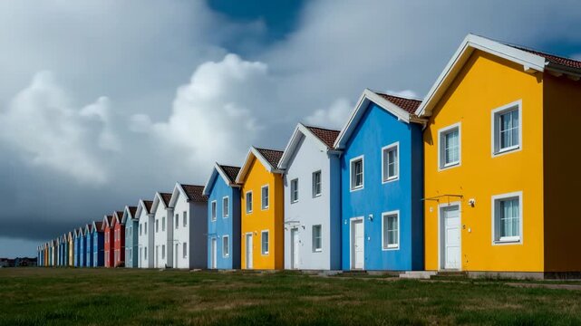 Row of colorful houses standing on grassy coastal plain