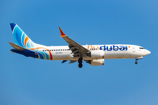flydubai Boeing 737 MAX 8 (A6-FKH) on landing approach at Dubai Airport on November 23, 2025 in Dubai, UAE