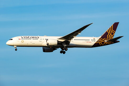 Vistara Boeing 787-9 Dreamliner (VT-TSP) on landing approach at Vienna Airport on May 24, 2026 in Vienna, Austria