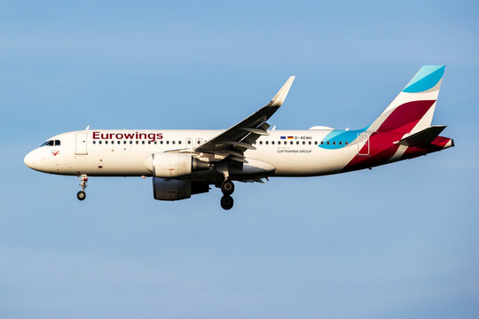 Eurowings Airbus A320 (D-AEWU) on landing approach at Vienna Airport on May 24, 2026 in Vienna, Austria