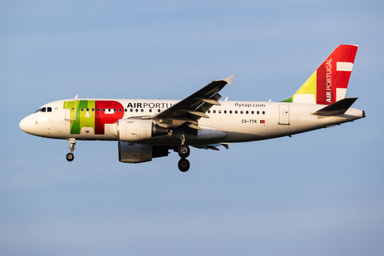 TAP Air Portugal Airbus A319 (CS-TTR) on landing approach at Vienna Airport on May 24, 2026 in Vienna, Austria