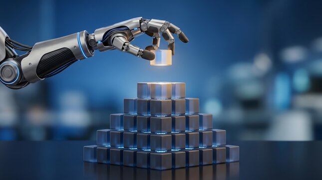 A robotic arm placing a glowing cube on top of a metallic pyramid structure.