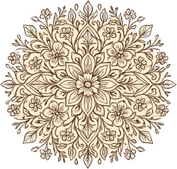 Obraz premium Intricate hand-drawn floral mandala design with symmetrical patterns and delicate botanical elements in a vintage style.