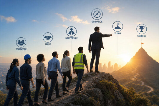 Business leader guiding diverse team up mountain toward vision guidance mentorship trust teamwork success coaching mentor coordinator leadership support corporate goal achievement concept image