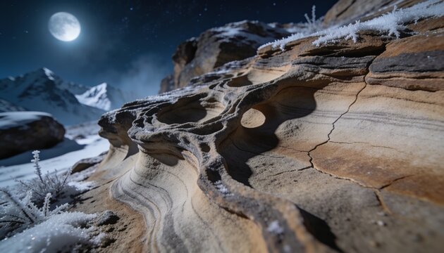 Abstract geological texture of eroded sedimentary stone with frost