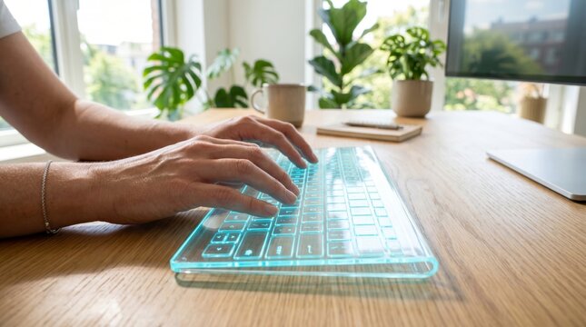 A person's hands typing on a transparent keyboard while seated at a bright, modern desk filled with greenery.