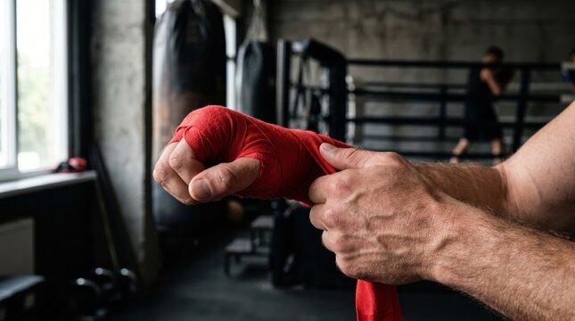 A focus on a male athlete's hands wrapping red tape around his knuckles in a dimly lit boxing gym.