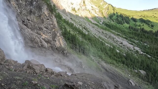 Cinematic Drone Aerial Reveal of Engstligen Waterfall Descending from Summit to Cascade Switzerland