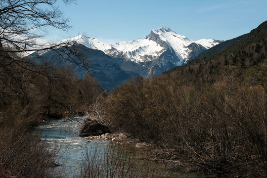 View of Arazas River and Otal Peak in Ordesa y Monte Perdido National Park on sunny spring day. Huesca, Aragon, Spain.