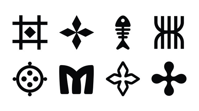 African tribal symbols solid icon set featuring ethnic geometric ornaments adinkra signs fish bone star and abstract folk runes