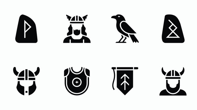 Norse mythology black glyph icons collection including ancient runes Viking warrior chief raven bird horned helmet armor shield and tribal banner
