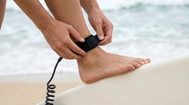 Surfer attaches black velcro ankle leash strap onto leg near white surfboard.