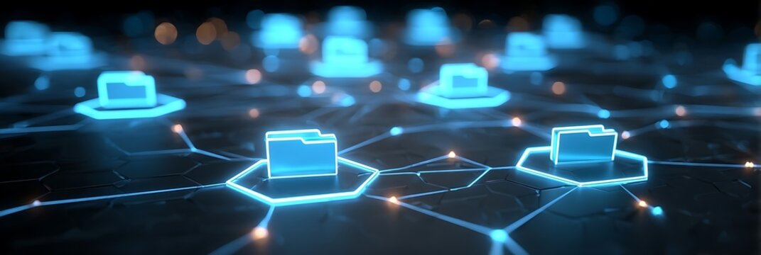 Digital file icons interconnected within a glowing network structure representing seamless data transfer and cloud storage connectivity across a modern virtual environment
