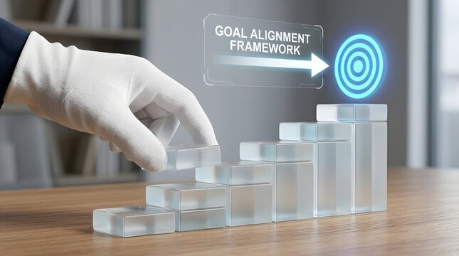 Hand arranging glass block staircase steps leading toward glowing target icon with goal alignment framework text, showing business strategy success growth, corporate planning achievement progress