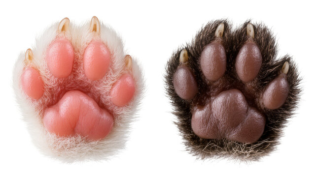 Two animal paws white and dark fur pink pads, sharp claws