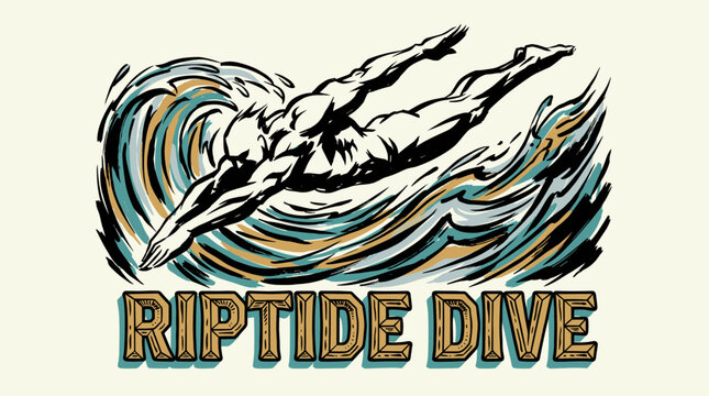 Beach club. Endless summer artwork. Riptide dive vintage design for t shirt print. Ocean adventure. Tropical surfing graphic.