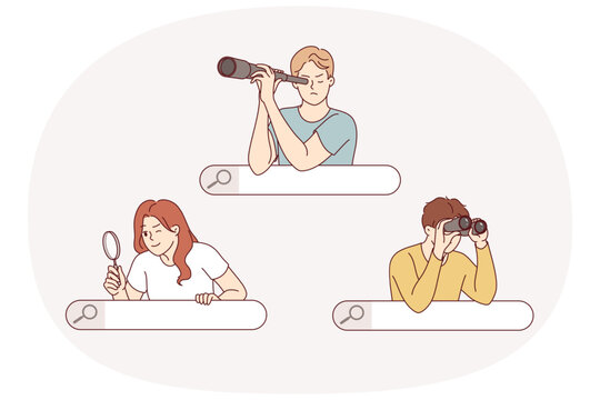 People search on internet, using binoculars or magnifying glass, looking out from behind search bar. Journalists conduct investigations collecting important information using osint technique