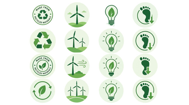 Set of green eco friendly icons including recycling symbols, wind turbines, light bulbs with leaves,.