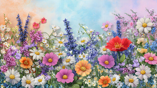 Vibrant Blooming Spring Meadow with Wildflowers in Pastel Sunrise Background for Seasonal Decor and Botanical Themes professional commercial marketing content advertising ass