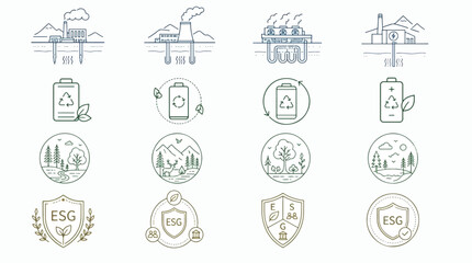 Fototapeta premium Set of icons representing environmental, social, and governance concepts with nature and industry.